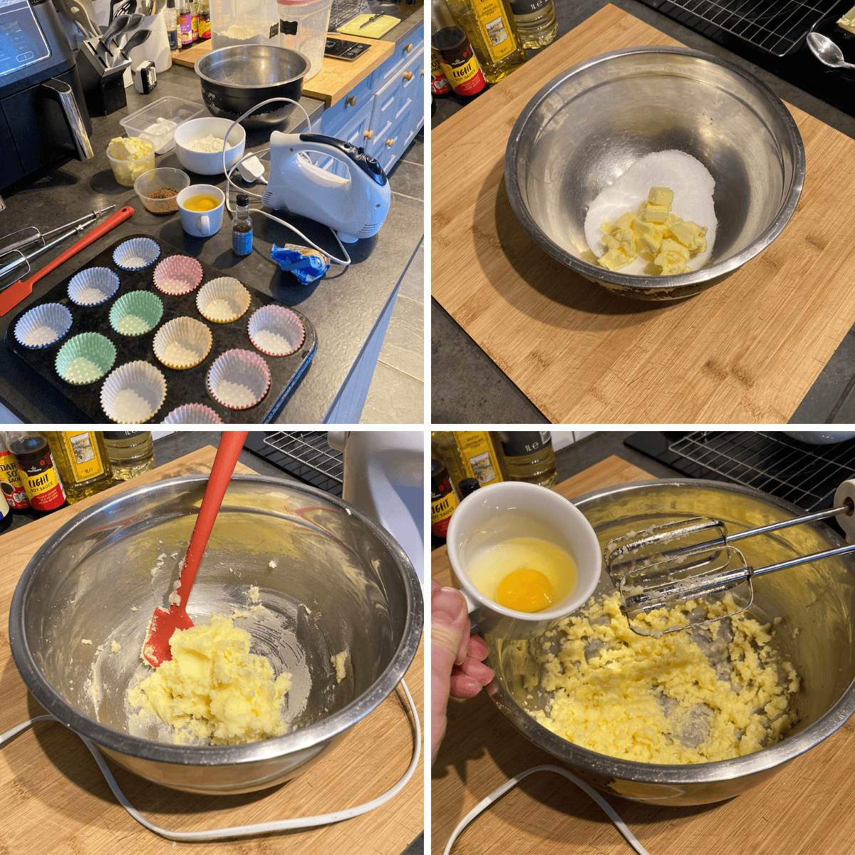 These are the first steps in making chocolate chip cupcake batter.
