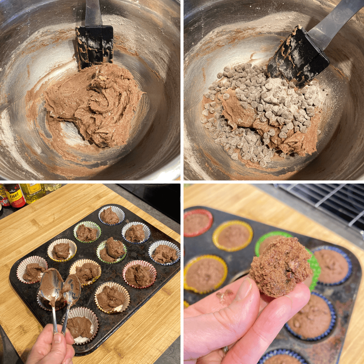 Spooning in the cupcake batter and the finished product