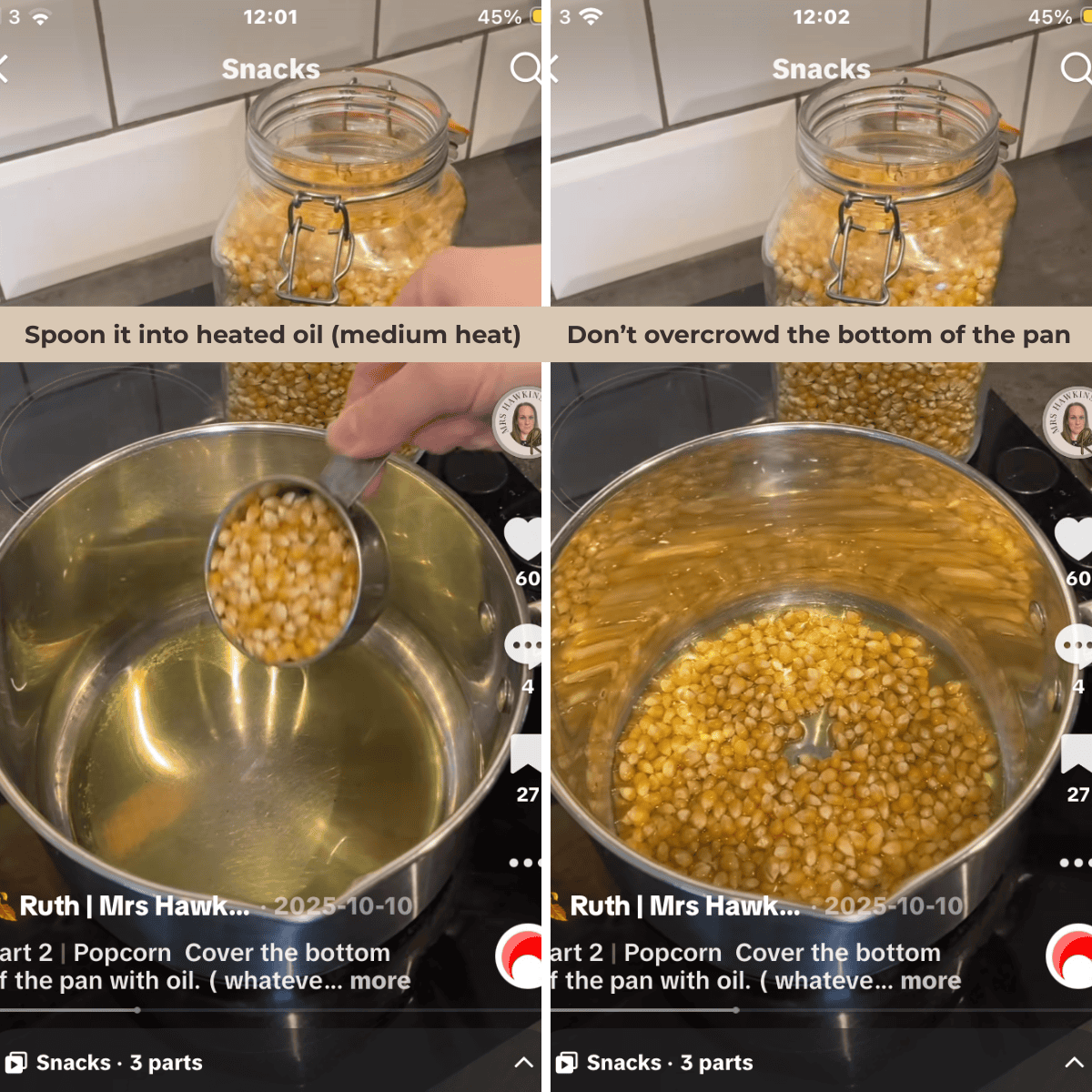 How much oil to put into the pan for popcorn.