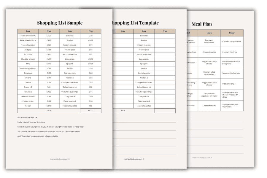 Meal plan for a family of four for £50 including meal plan, shopping list with prices uk 2026 and a shopping list template for you to use